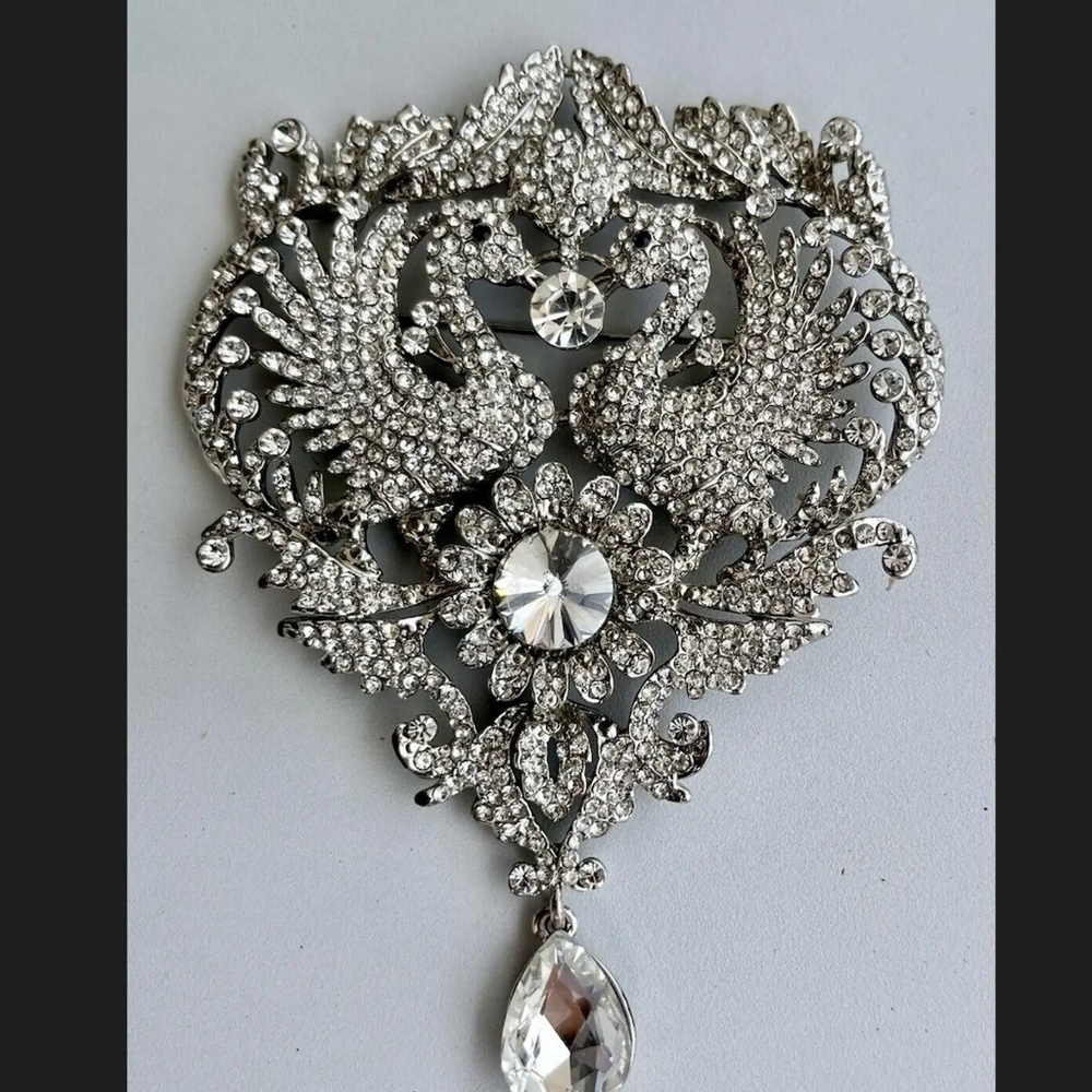 vintage double bird rhinestone brooch ... clear rhinestones, love birds